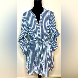 Given Kale Cotton button front 3/4 sleeve chambray shirt dress Tie waist medium